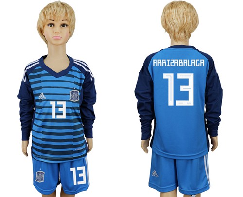 Spain #13 Arrizabalaga Blue Long Sleeves Goalkeeper Kid Soccer Country Jersey